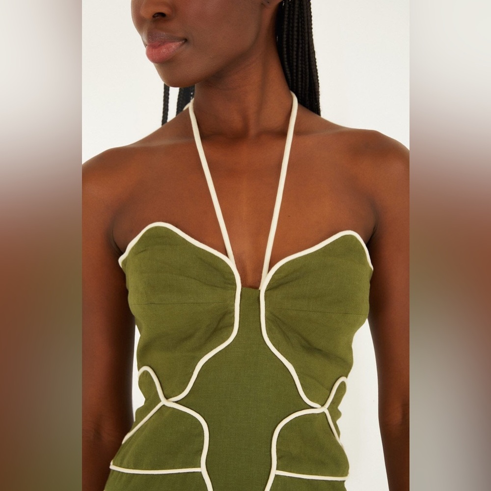 Farm Rio Green Wavy Trim Halter Neck Mini Dress - Picture 3 of 9